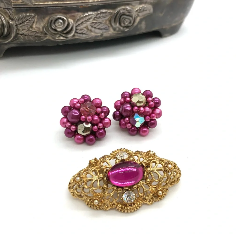 Vintage Pink Rhinestone Brooch & Earrings